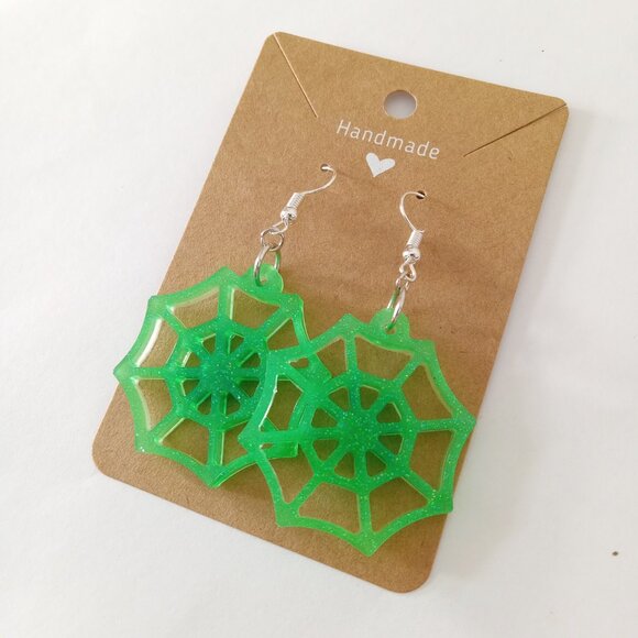 Neon green spider web glow in the dark Halloween dangle earrings new - Picture 5 of 6